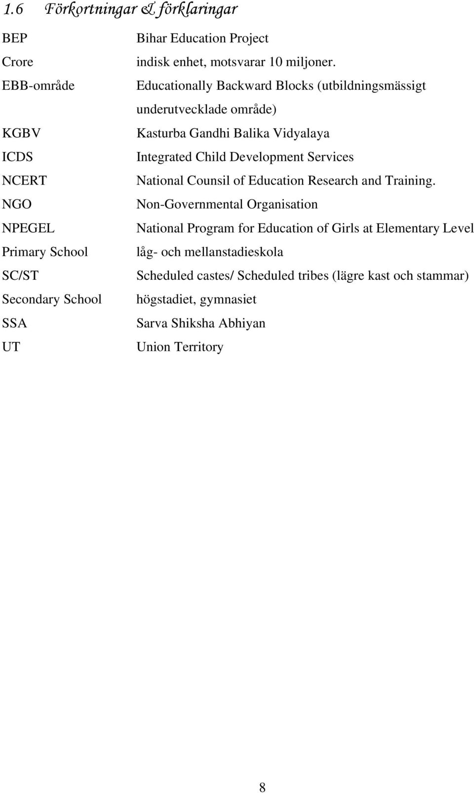 Educationally Backward Blocks (utbildningsmässigt underutvecklade område) Kasturba Gandhi Balika Vidyalaya Integrated Child Development Services National