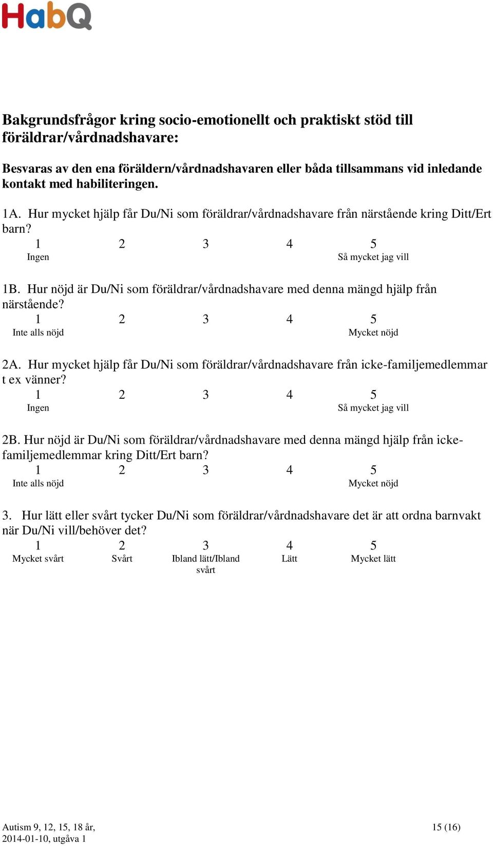 Hur nöjd är Du/Ni som föräldrar/vårdnadshavare med denna mängd hjälp från närstående? 1 2 3 4 5 Inte alls nöjd Mycket nöjd 2A.