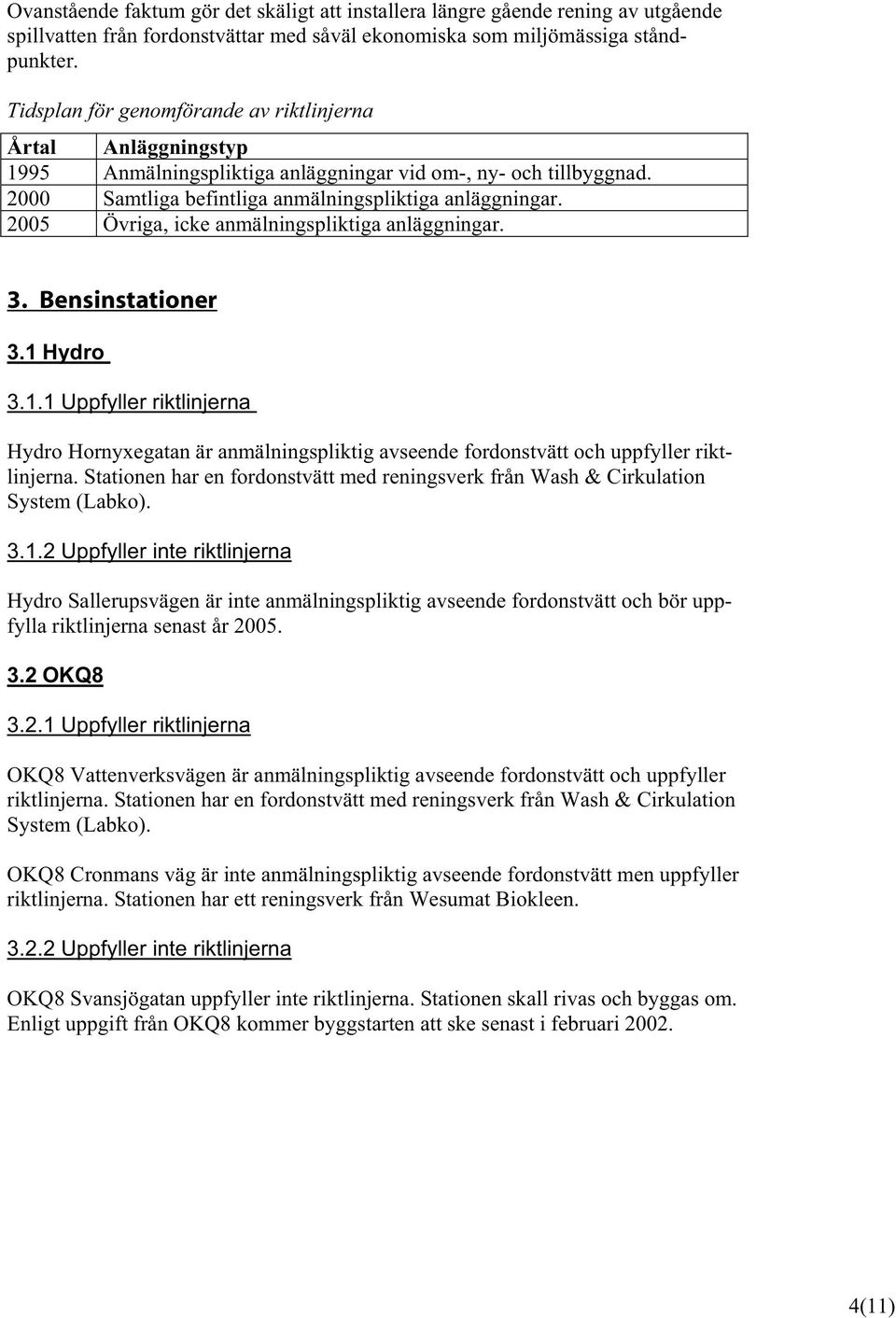 2005 Övriga, icke anmälningspliktiga anläggningar. 3. Bensinstationer 3.1 Hydro 3.1.1 Uppfyller riktlinjerna Hydro Hornyxegatan är anmälningspliktig avseende fordonstvätt och uppfyller riktlinjerna.