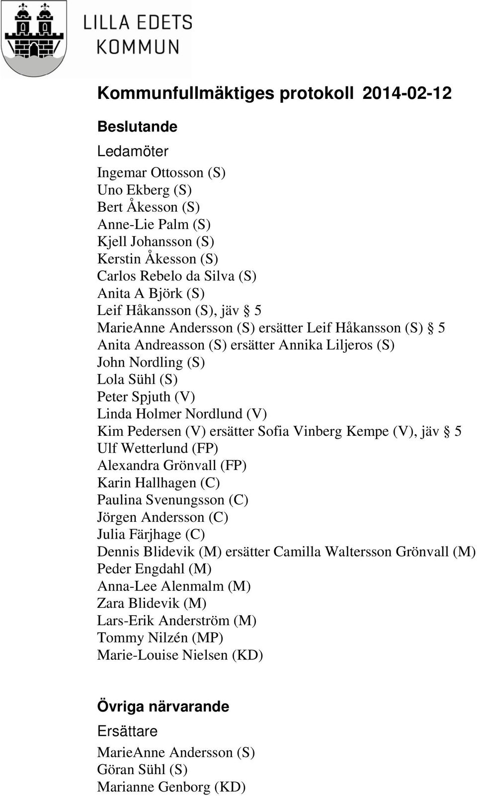 (V) ersätter Sofia Vinberg Kempe (V), jäv 5 Ulf Wetterlund (FP) Alexandra Grönvall (FP) Karin Hallhagen (C) Paulina Svenungsson (C) Jörgen Andersson (C) Julia Färjhage (C) Dennis Blidevik (M)