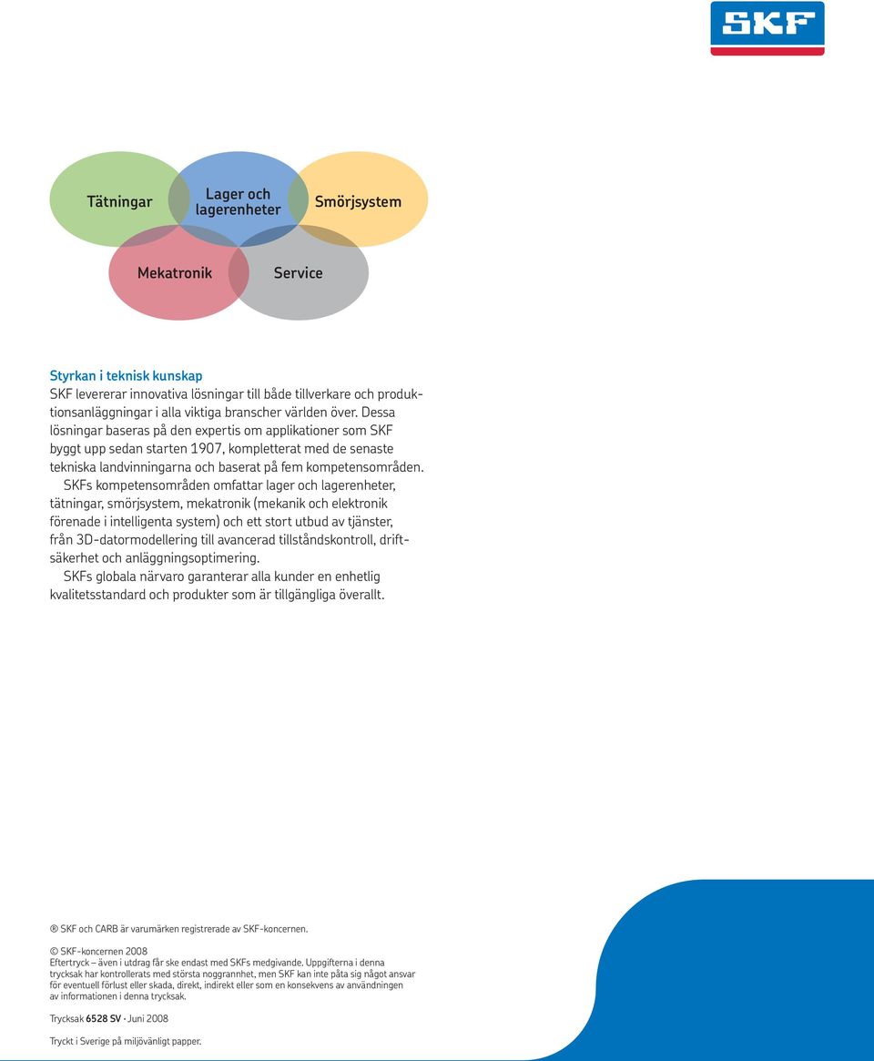 SKFs kompetensområden omfattar lager och lagerenheter, tätningar, smörjsystem, mekatronik (mekanik och elektronik förenade i intelligenta system) och ett stort utbud av tjänster, från