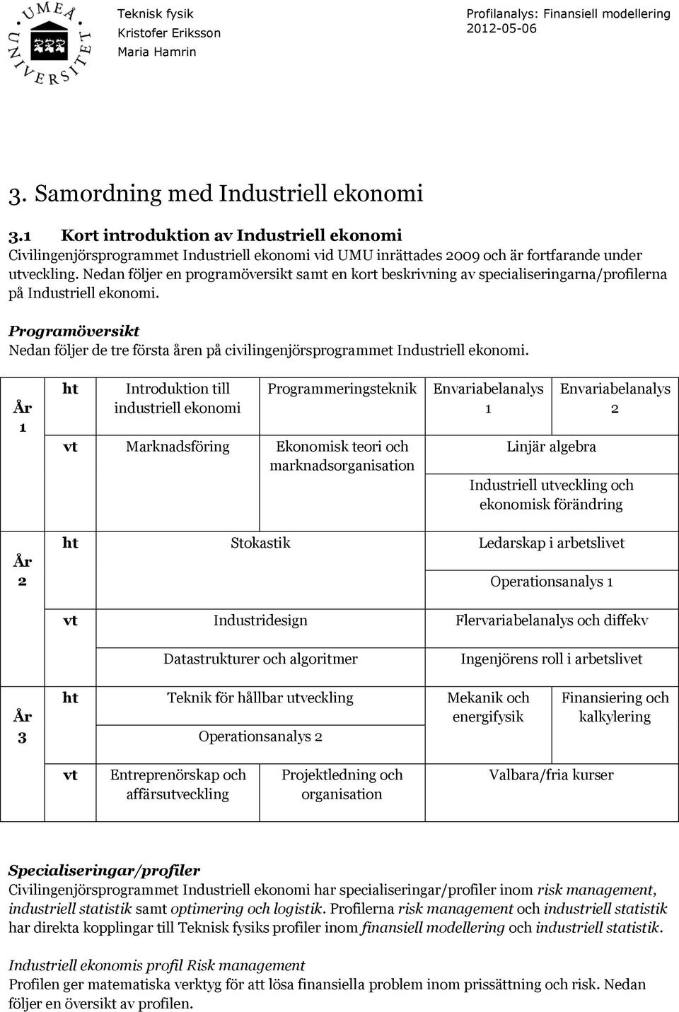 Programöversikt Nedan följer de tre första åren på civilingenjörsprogrammet Industriell ekonomi.