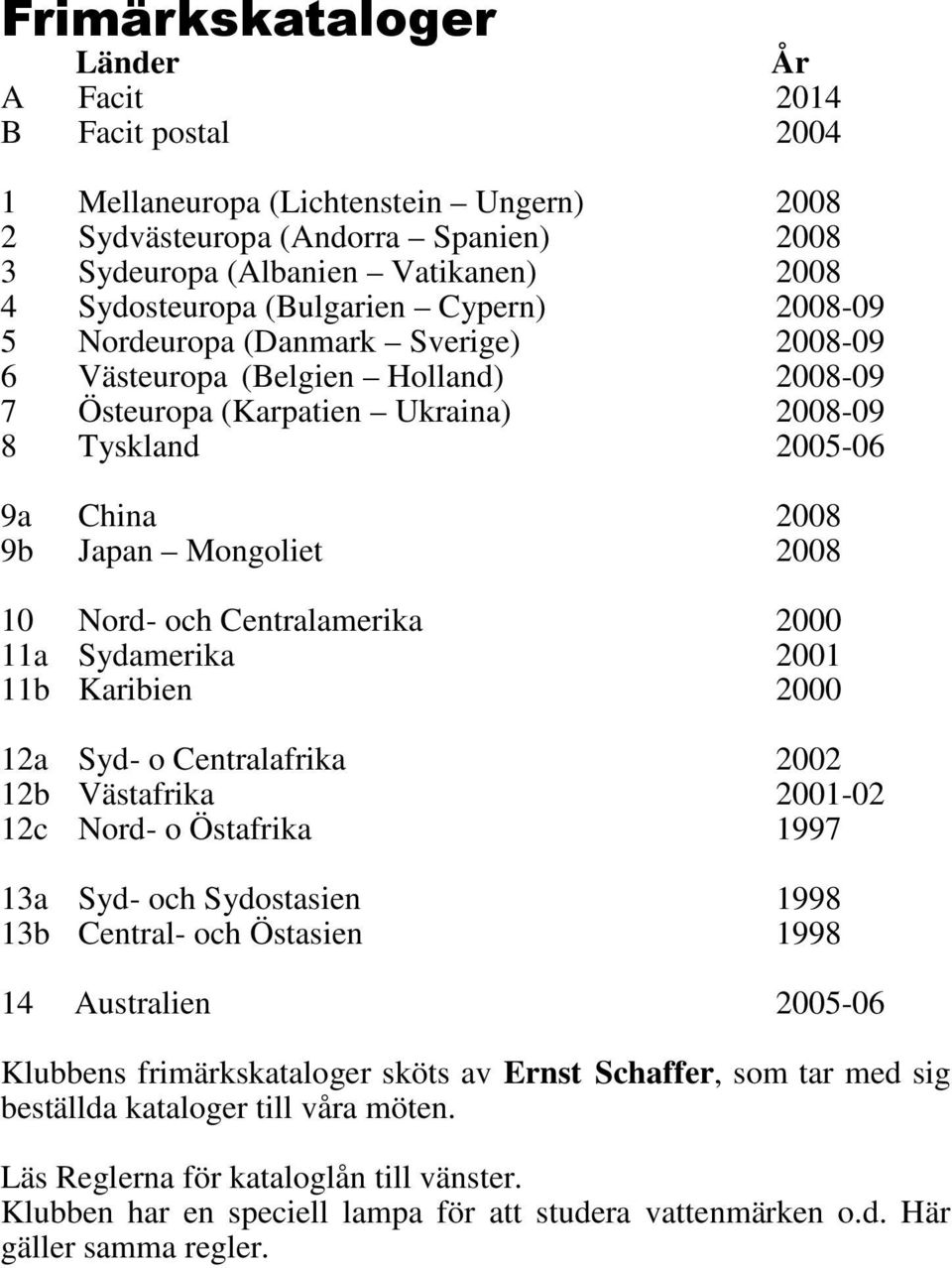 2008 10 Nord- och Centralamerika 2000 11a Sydamerika 2001 11b Karibien 2000 12a Syd- o Centralafrika 2002 12b Västafrika 2001-02 12c Nord- o Östafrika 1997 13a Syd- och Sydostasien 1998 13b Central-