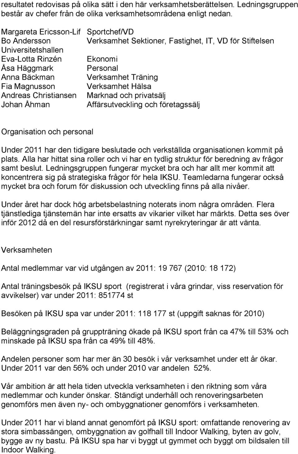 Träning Fia Magnusson Verksamhet Hälsa Andreas Christiansen Marknad och privatsälj Johan Åhman Affärsutveckling och företagssälj Organisation och personal Under 2011 har den tidigare beslutade och