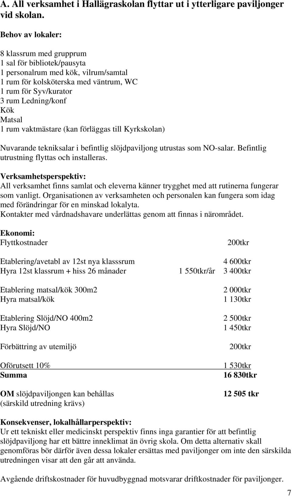 rum vaktmästare (kan förläggas till Kyrkskolan) Nuvarande tekniksalar i befintlig slöjdpaviljong utrustas som NO-salar. Befintlig utrustning flyttas och installeras.