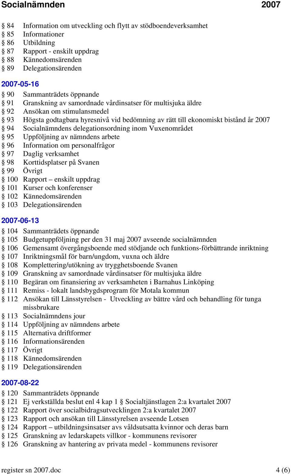 Socialnämndens delegationsordning inom Vuxenområdet 95 Uppföljning av nämndens arbete 96 Information om personalfrågor 97 Daglig verksamhet 98 Korttidsplatser på Svanen 99 Övrigt 100 Rapport enskilt