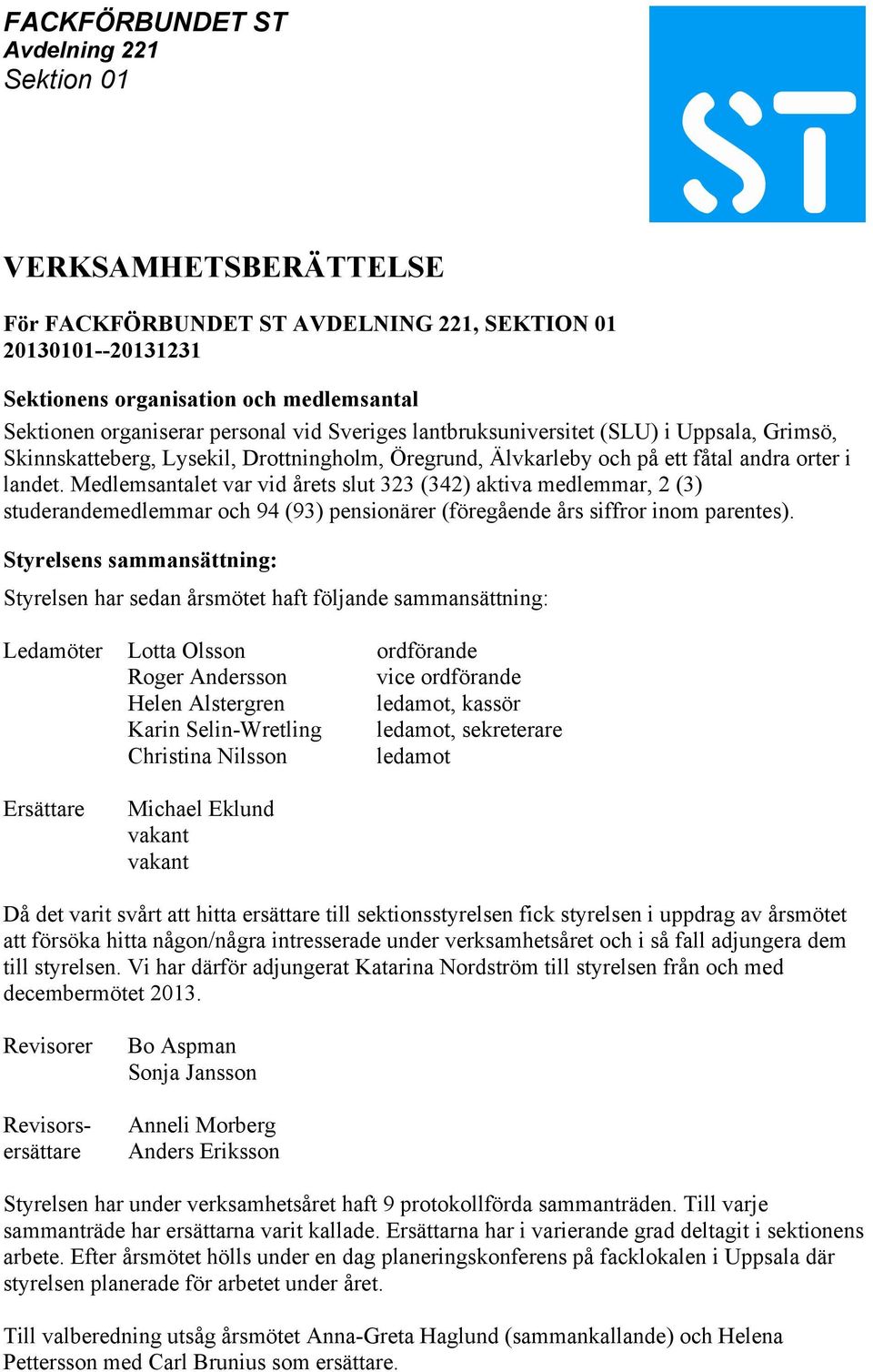 Medlemsantalet var vid årets slut 323 (342) aktiva medlemmar, 2 (3) studerandemedlemmar och 94 (93) pensionärer (föregående års siffror inom parentes).