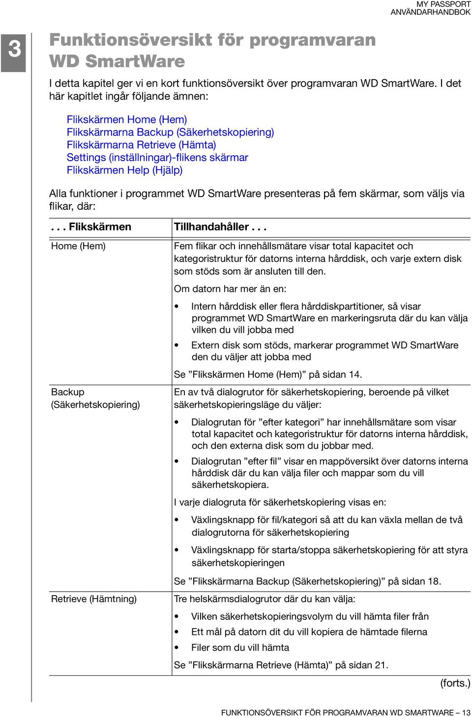 (Hjälp) Alla funktioner i programmet WD SmartWare presenteras på fem skärmar, som väljs via flikar, där:... Flikskärmen Tillhandahåller.