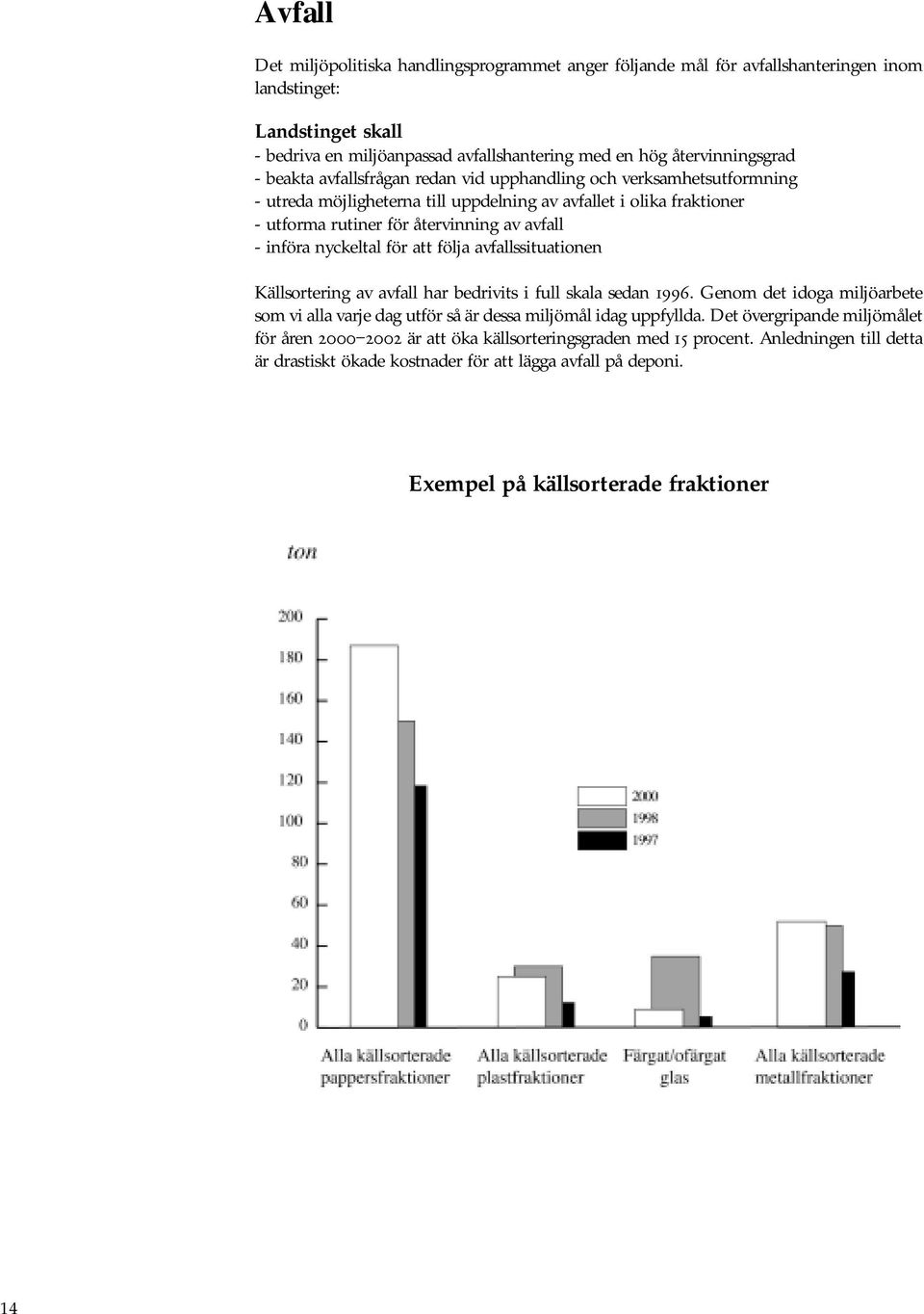 nyckeltal för att följa avfallssituationen Källsortering av avfall har bedrivits i full skala sedan 1996. Genom det idoga miljöarbete som vi alla varje dag utför så är dessa miljömål idag uppfyllda.