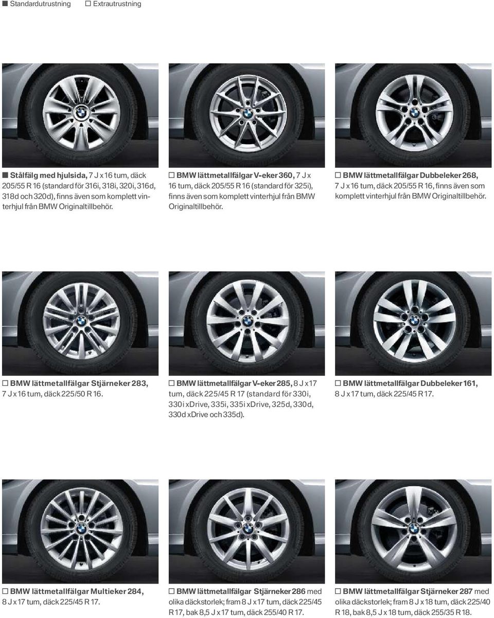 BMW lättmetallfälgar Dubbeleker 2 6 8, 7 J x 1 6 tum, däck 2 0 5 /5 5 R 1 6, fi nns även som komplett vinterhjul från BMW Originaltillbehör.