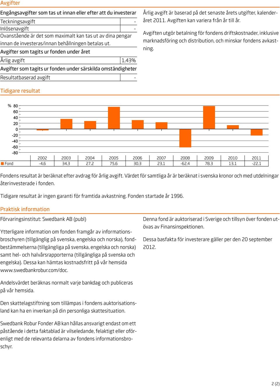 Avgifter som tagits ur fonden under året Årlig avgift 1,43% Avgifter som tagits ur fonden under särskilda omständigheter Resultatbaserad avgift - Årlig avgift är baserad på det senaste årets