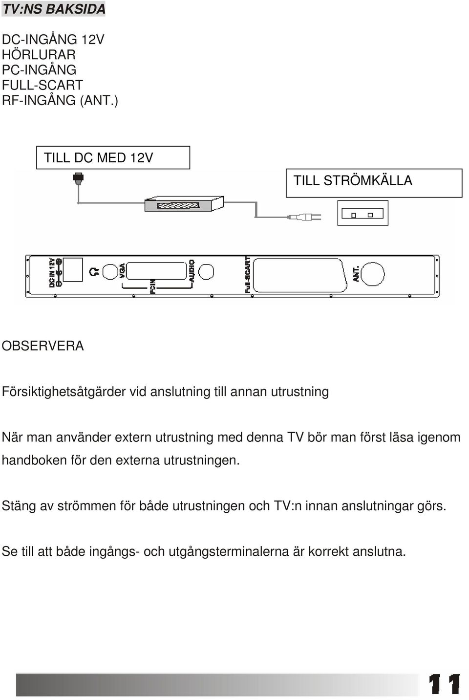 man använder extern utrustning med denna TV bör man först läsa igenom handboken för den externa utrustningen.