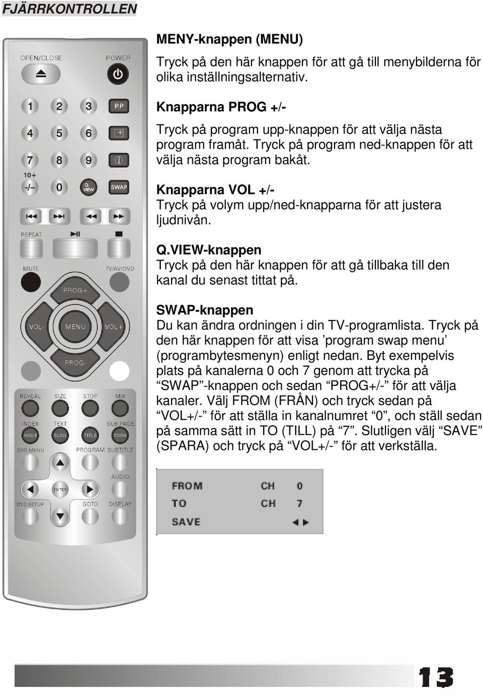 Knapparna VOL +/- Tryck på volym upp/ned-knapparna för att justera ljudnivån. Q.VIEW-knappen Tryck på den här knappen för att gå tillbaka till den kanal du senast tittat på.