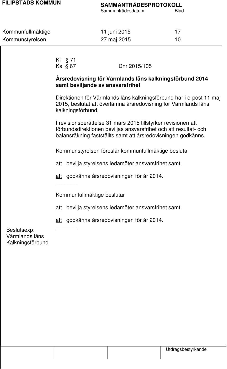 I revisionsberättelse 31 mars 2015 tillstyrker revisionen att förbundsdirektionen beviljas ansvarsfrihet och att resultat- och balansräkning fastställts samt att årsredovisningen godkänns.