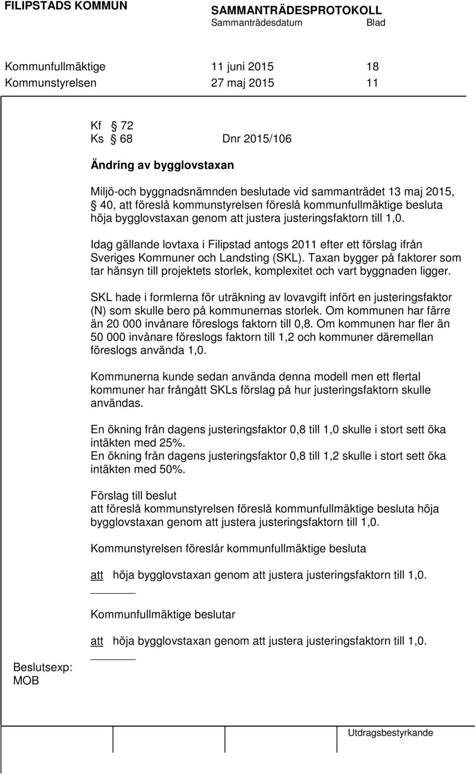 Idag gällande lovtaxa i Filipstad antogs 2011 efter ett förslag ifrån Sveriges Kommuner och Landsting (SKL).