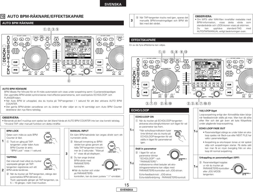 Du kan upphäva standard-tag med AUTO/TAP/MANUAL enligt beskrivningen ovan. EFFEKTSKAPARE En av de fyra effekterna kan väljas. q, r t, i o,!