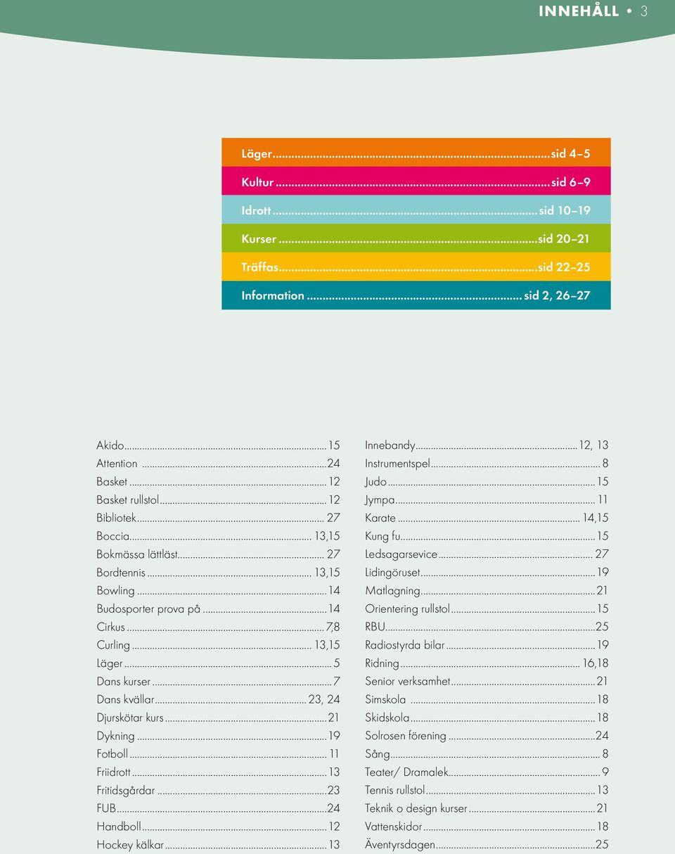 ..21 Dykning...19 Fotboll...11 Friidrott...13 Fritidsgårdar...23 FUB...24 Handboll...12 Hockey kälkar...13 Innebandy...12, 13 Instrumentspel...8 Judo...15 Jympa...11 Karate...14,15 Kung fu.