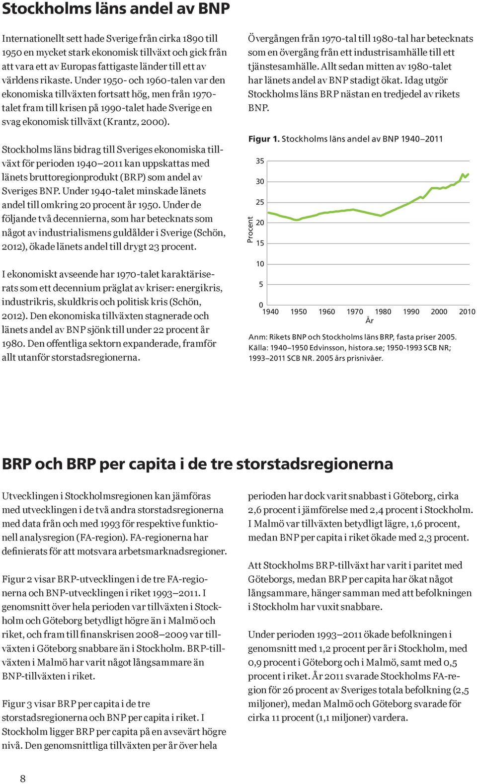 Stockholms läns bidrag till Sveriges ekonomiska tillväxt för perioden 1940 2011 kan uppskattas med länets bruttoregionprodukt (BRP) som andel av Sveriges BNP.