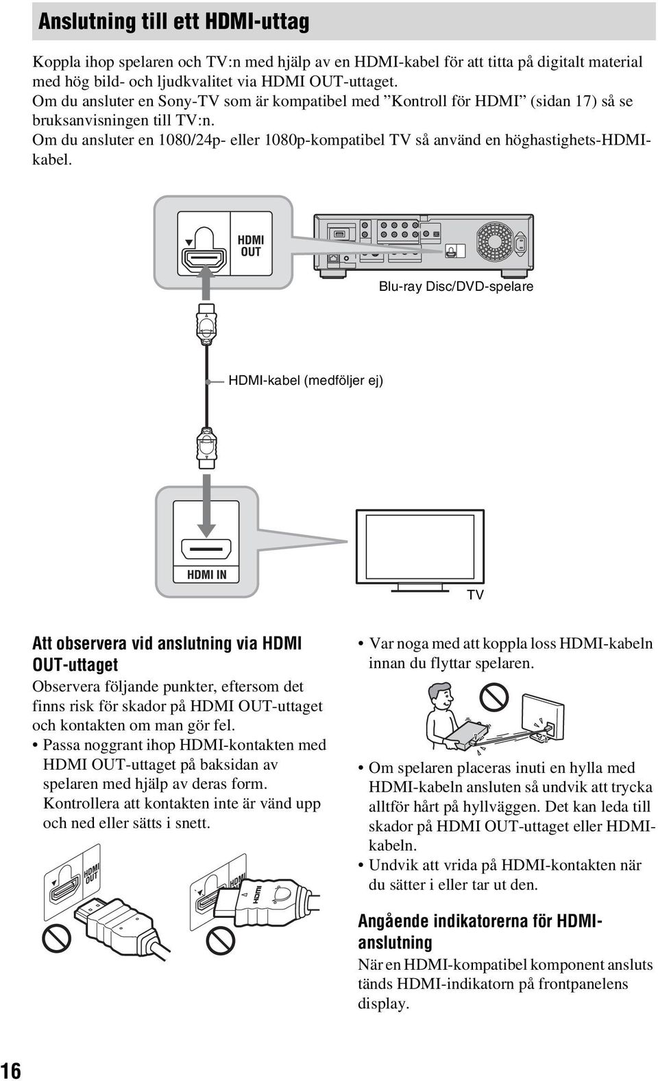 Blu-ray Disc/DVD-spelare HDMI-kael (medföljer ej) TV Att oservera vid anslutning via HDMI OUT-uttaget Oservera följande punkter, eftersom det finns risk för skador på HDMI OUT-uttaget och kontakten