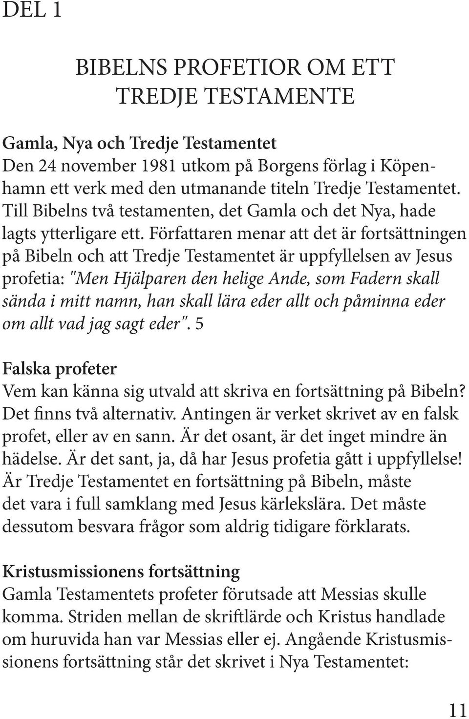 Författaren menar att det är fortsättningen på Bibeln och att Tredje Testamentet är uppfyllelsen av Jesus profetia: "Men Hjälparen den helige Ande, som Fadern skall sända i mitt namn, han skall lära