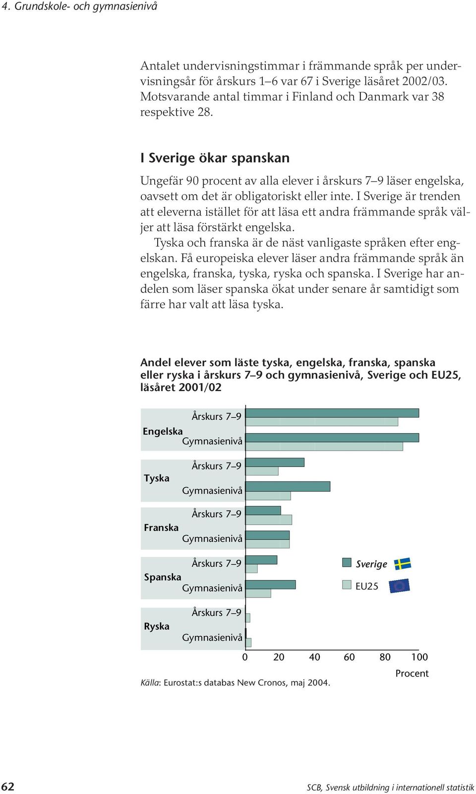 I Sverige är trenden att eleverna istället för att läsa ett andra främmande språk väljer att läsa förstärkt engelska. Tyska och franska är de näst vanligaste språken efter engelskan.