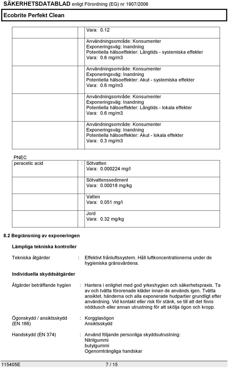 6 mg/m3 Användningsområde: Konsumenter Potentiella hälsoeffekter: Långtids - lokala effekter Vara: 0.6 mg/m3 Användningsområde: Konsumenter Potentiella hälsoeffekter: Akut - lokala effekter Vara: 0.