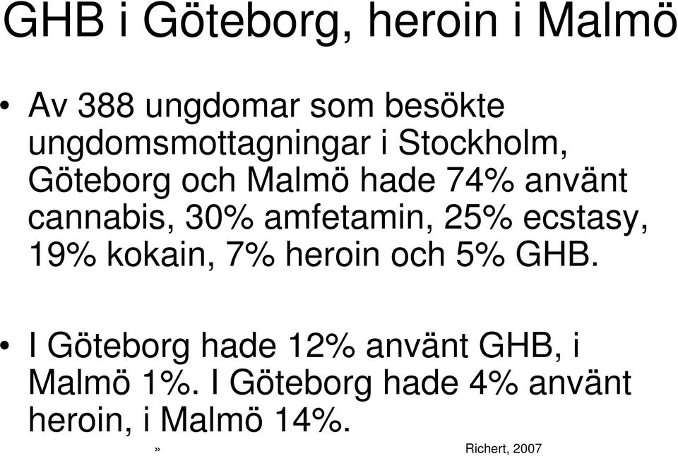 cannabis, 30% amfetamin, 25% ecstasy, 19% kokain, 7% heroin och 5% GHB.