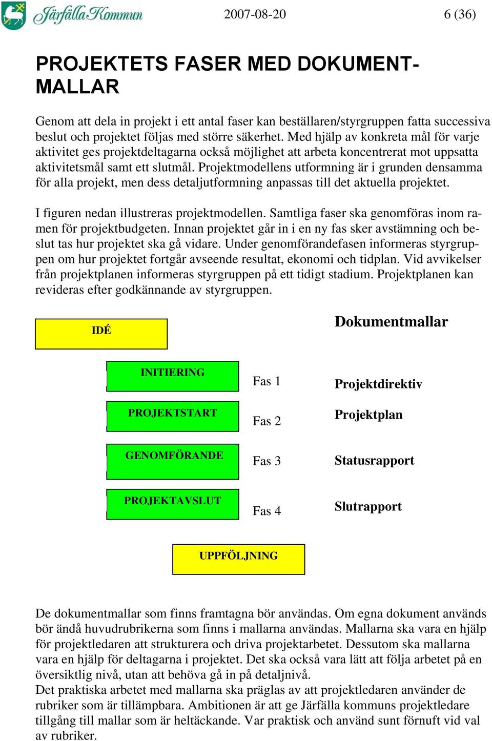 Projektmodellens utformning är i grunden densamma för alla projekt, men dess detaljutformning anpassas till det aktuella projektet. I figuren nedan illustreras projektmodellen.