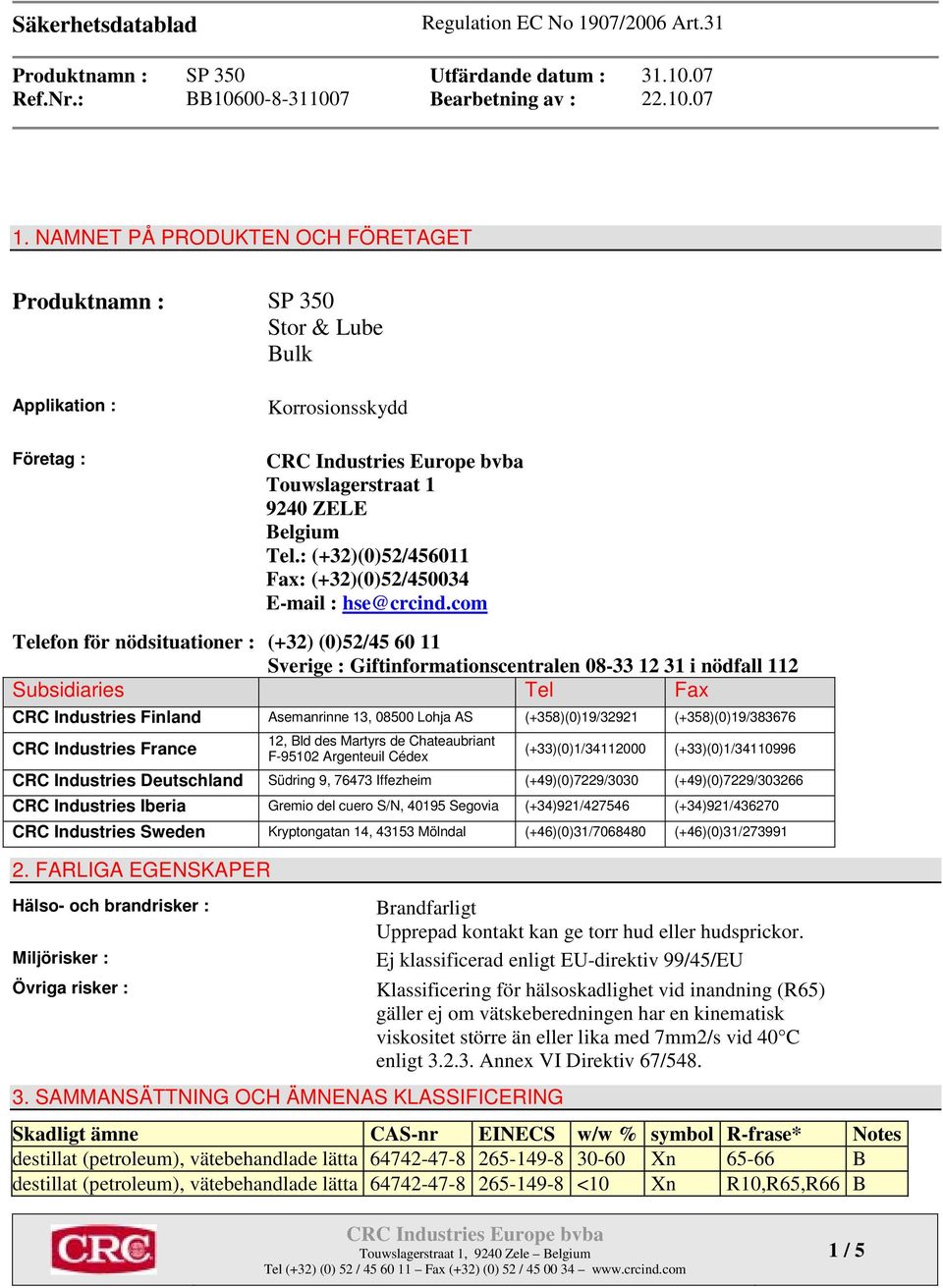 com Telefon för nödsituationer : (+32) (0)52/45 60 11 Sverige : Giftinformationscentralen 08-33 12 31 i nödfall 112 Subsidiaries Tel Fax CRC Industries Finland Asemanrinne 13, 08500 Lohja AS