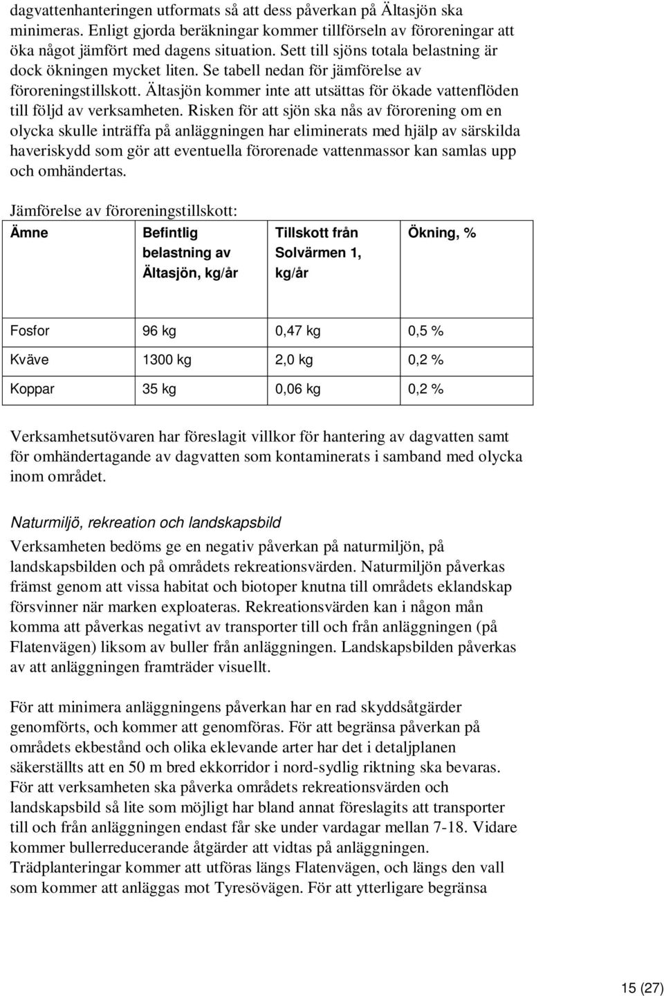 Ältasjön kommer inte att utsättas för ökade vattenflöden till följd av verksamheten.