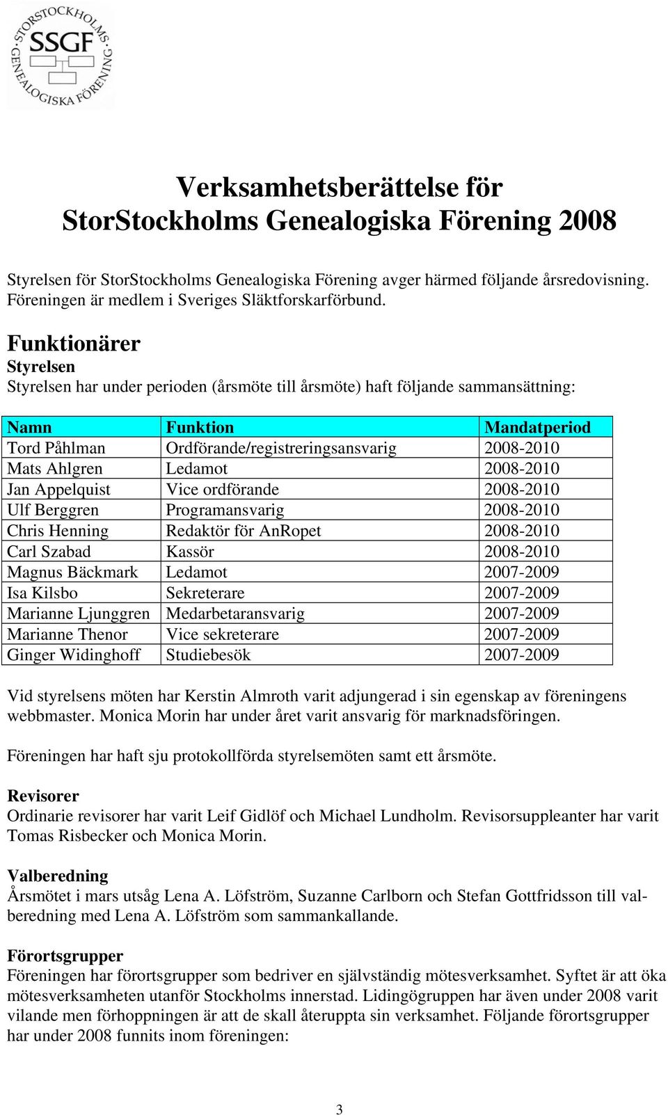 Funktionärer Styrelsen Styrelsen har under perioden (årsmöte till årsmöte) haft följande sammansättning: Namn Funktion Mandatperiod Tord Påhlman Ordförande/registreringsansvarig 2008-2010 Mats