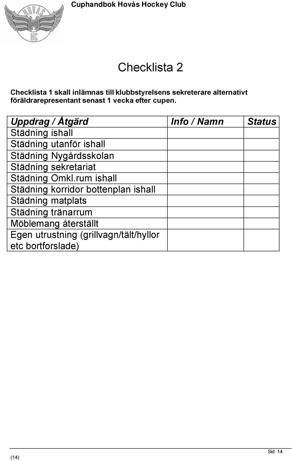 Uppdrag / Åtgärd Info / Namn Status Städning ishall Städning utanför ishall Städning Nygårdsskolan Städning