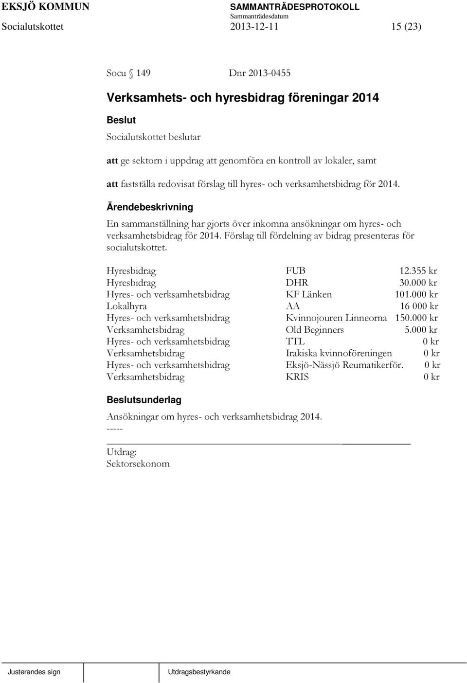 Förslag till fördelning av bidrag presenteras för socialutskottet. Hyresbidrag FUB 12.355 kr Hyresbidrag DHR 30.000 kr Hyres- och verksamhetsbidrag KF Länken 101.