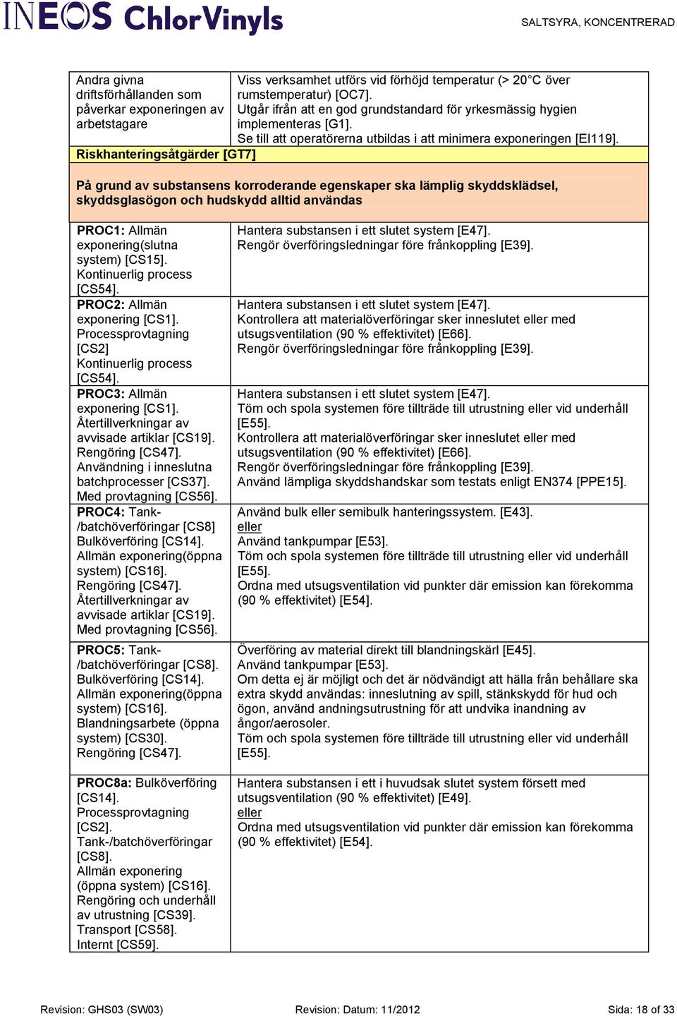 På grund av substansens korroderande egenskaper ska lämplig skyddsklädsel, skyddsglasögon och hudskydd alltid användas PROC1: Allmän exponering(slutna system) [CS15]. Kontinuerlig process [CS54].