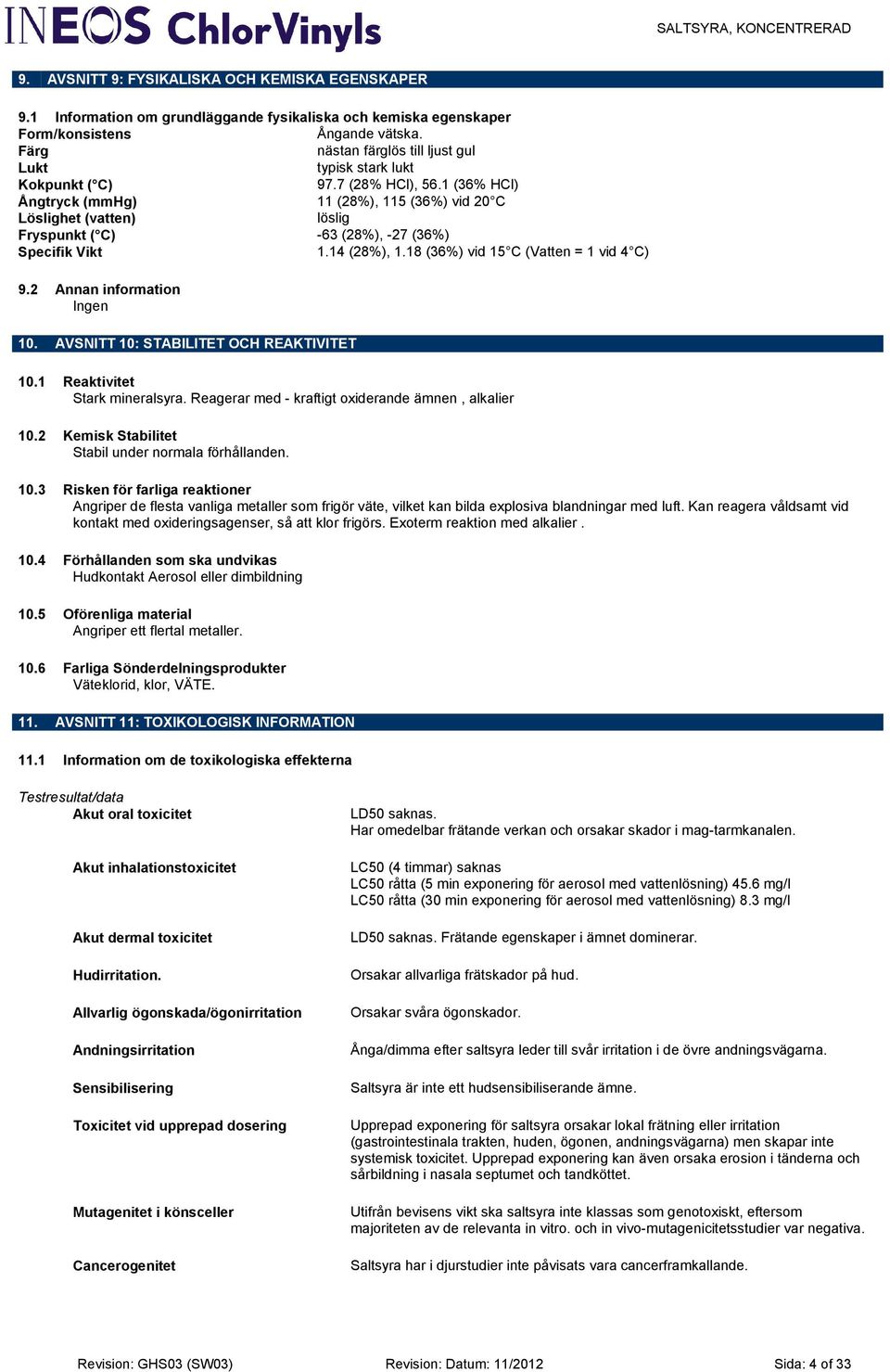 1 (36% HCl) Ångtryck (mmhg) 11 (28%), 115 (36%) vid 20 C Löslighet (vatten) löslig Fryspunkt ( C) -63 (28%), -27 (36%) Specifik Vikt 1.14 (28%), 1.18 (36%) vid 15 C (Vatten = 1 vid 4 C) 9.