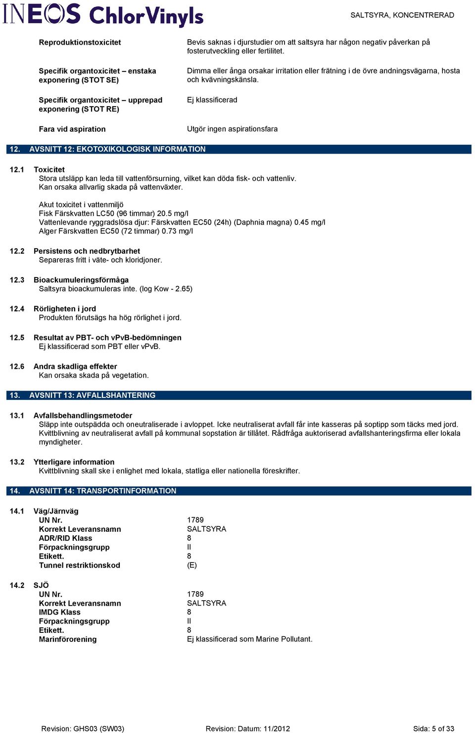 Ej klassificerad Utgör ingen aspirationsfara 12. AVSNITT 12: EKOTOXIKOLOGISK INFORMATION 12.1 Toxicitet Stora utsläpp kan leda till vattenförsurning, vilket kan döda fisk- och vattenliv.