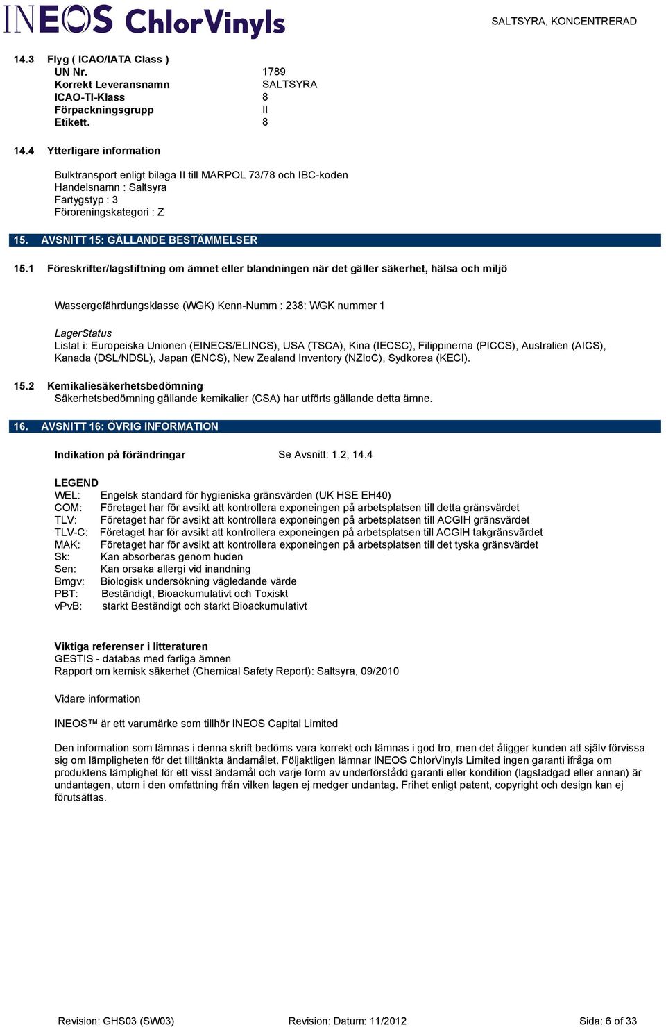 1 Föreskrifter/lagstiftning om ämnet eller blandningen när det gäller säkerhet, hälsa och miljö Wassergefährdungsklasse (WGK) Kenn-Numm : 238: WGK nummer 1 LagerStatus Listat i: Europeiska Unionen