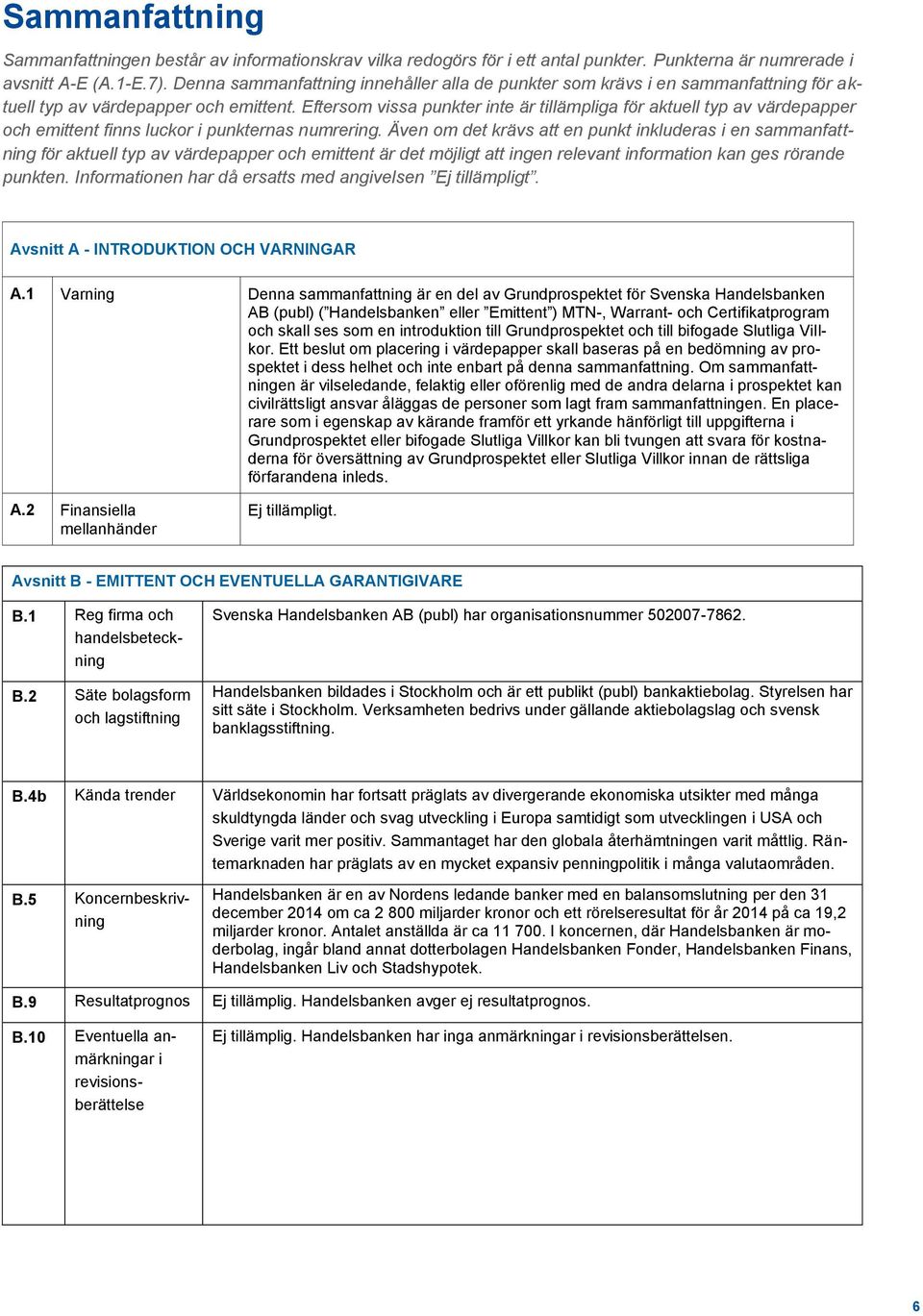 Eftersom vissa punkter inte är tillämpliga för aktuell typ av värdepapper och emittent finns luckor i punkternas numrering.