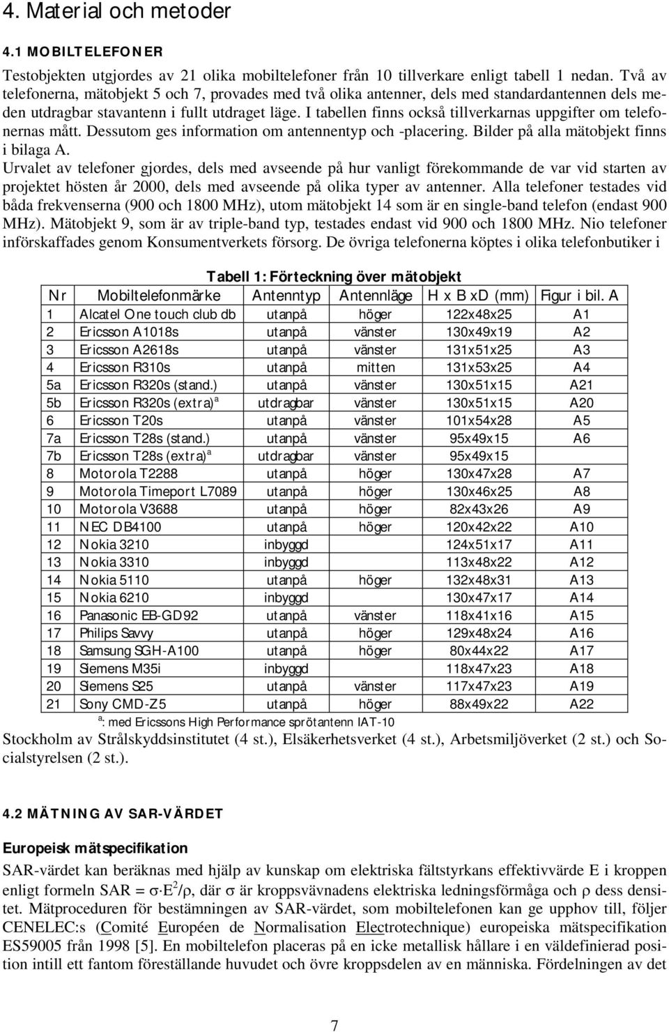 I tabellen finns också tillverkarnas uppgifter om telefonernas mått. Dessutom ges information om antennentyp och -placering. Bilder på alla mätobjekt finns i bilaga A.