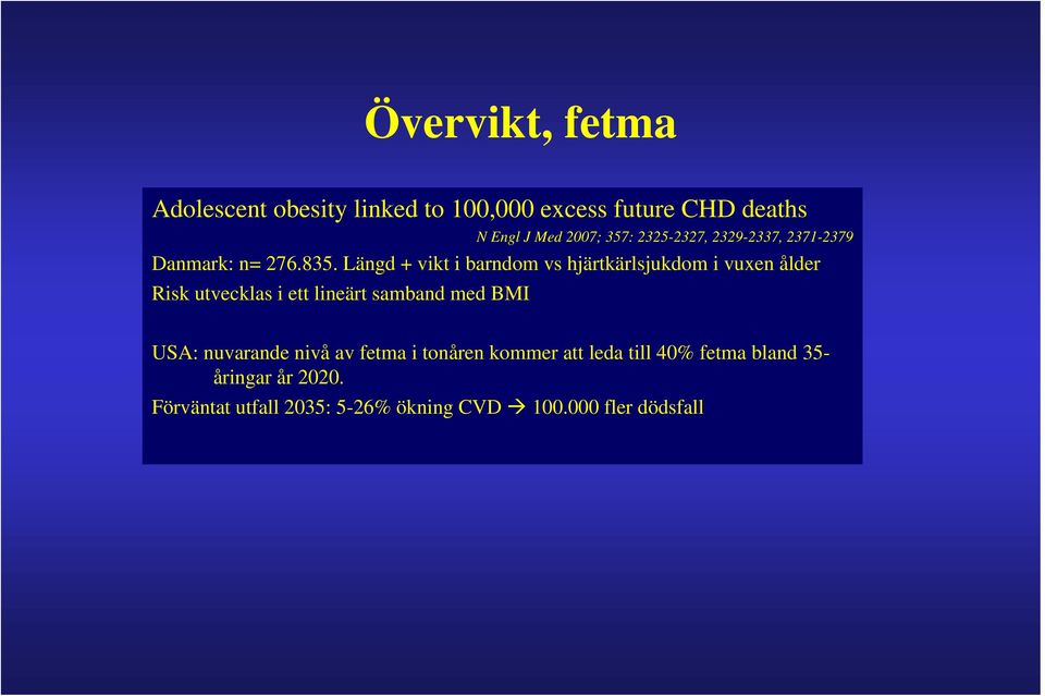 Längd + vikt i barndom vs hjärtkärlsjukdom i vuxen ålder Risk utvecklas i ett lineärt samband med BMI