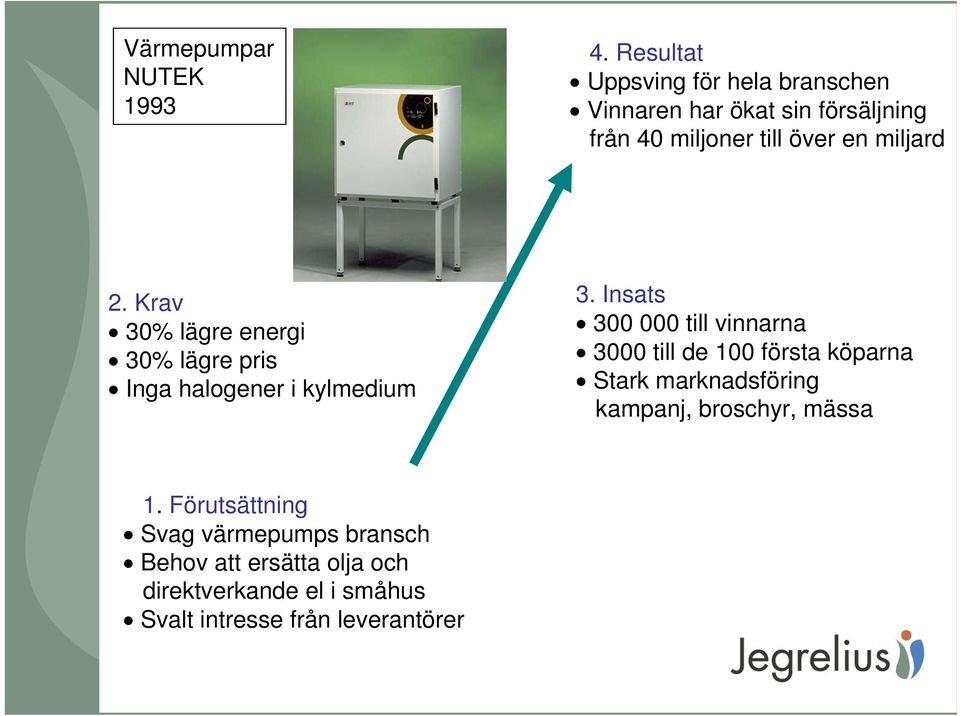 2. Krav 30% lägre energi 30% lägre pris Inga halogener i kylmedium 3.