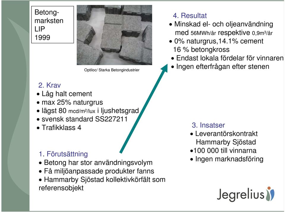 1% cement 16 % betongkross Endast lokala fördelar för vinnaren Ingen efterfrågan efter stenen 2.