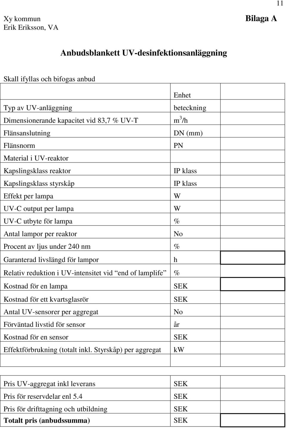 lampor per reaktor No Procent av ljus under 240 nm % Garanterad livslängd för lampor h Relativ reduktion i UV-intensitet vid end of lamplife % Kostnad för en lampa Kostnad för ett kvartsglasrör Antal