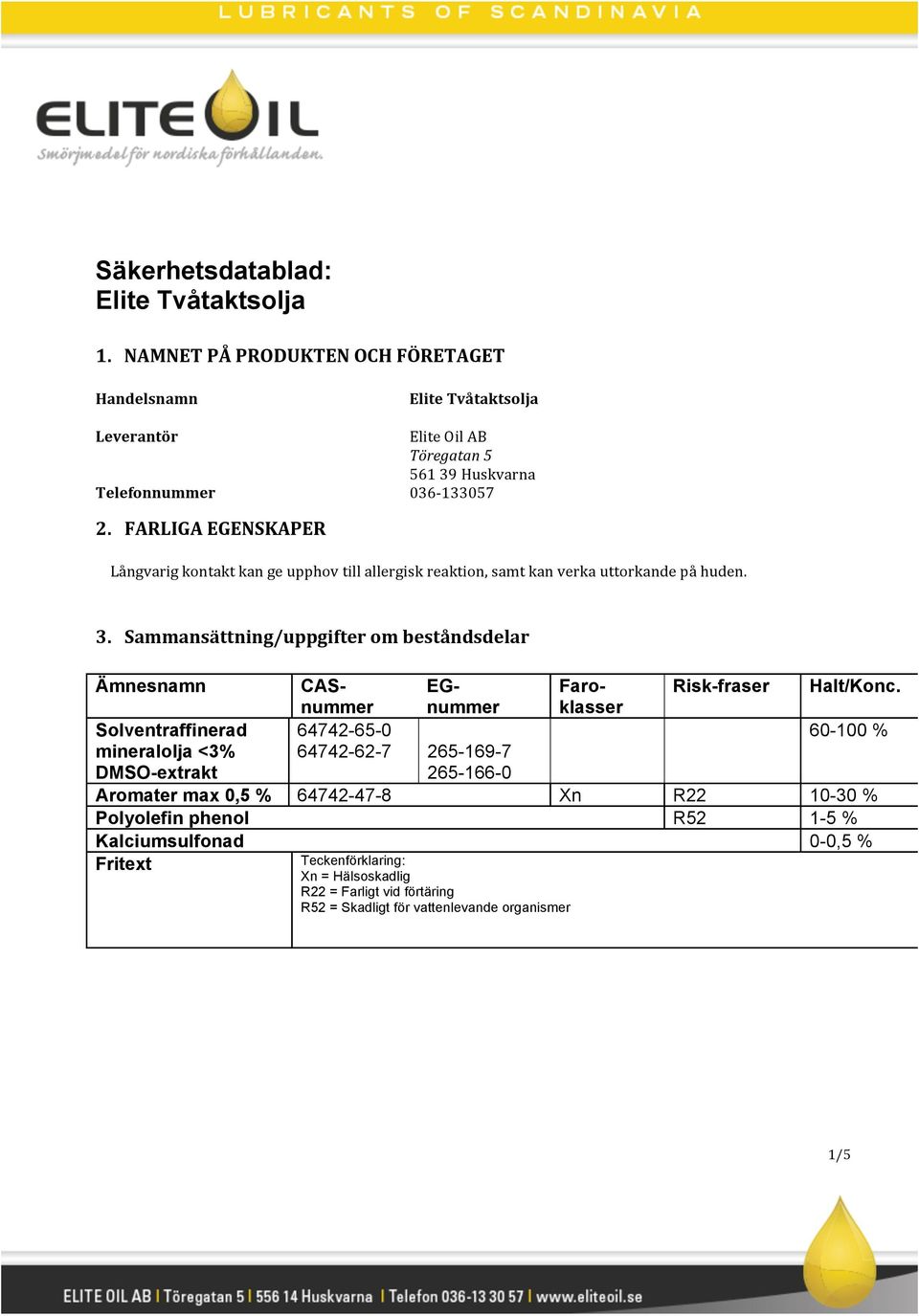 FARLIGA EGENSKAPER Långvarig kontakt kan ge upphov till allergisk reaktion, samt kan verka uttorkande på huden. 3.