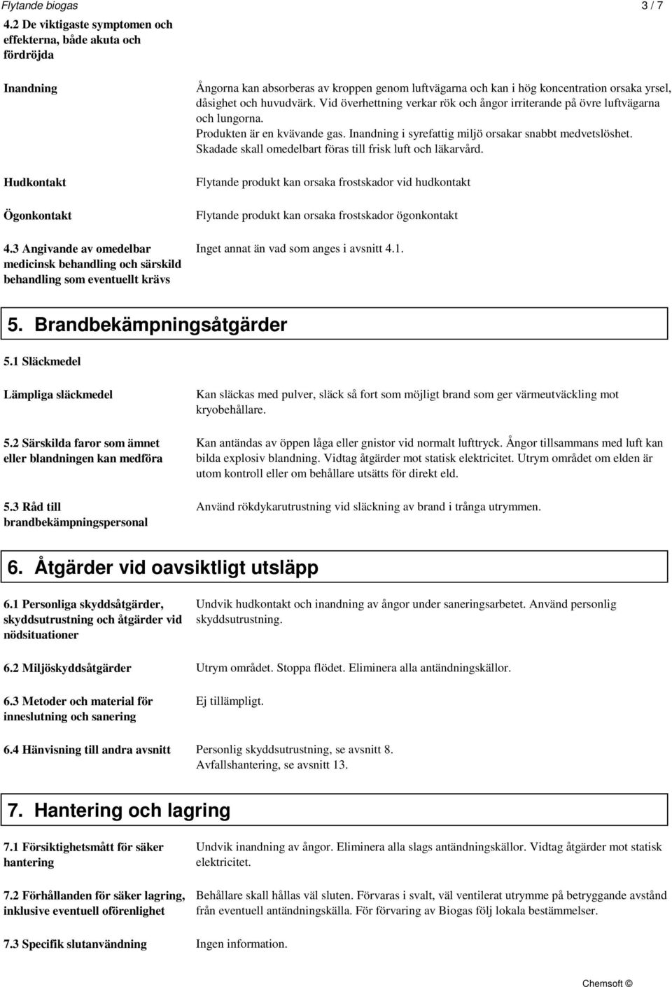 huvudvärk. Vid överhettning verkar rök och ångor irriterande på övre luftvägarna och lungorna. Produkten är en kvävande gas. Inandning i syrefattig miljö orsakar snabbt medvetslöshet.