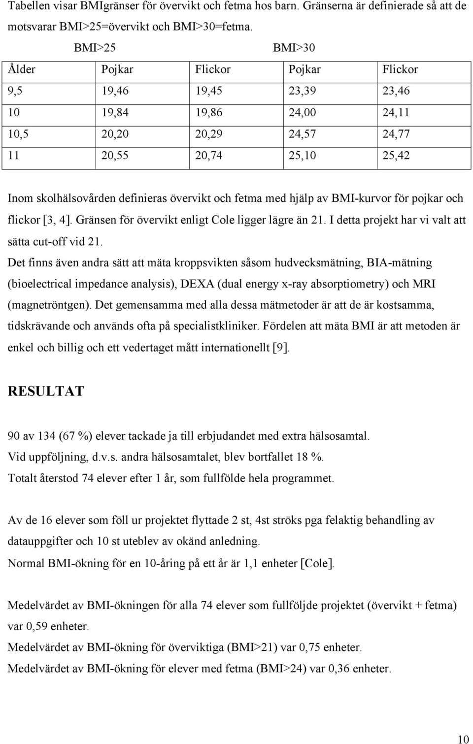 övervikt och fetma med hjälp av BMI-kurvor för pojkar och flickor [3, 4]. Gränsen för övervikt enligt Cole ligger lägre än 21. I detta projekt har vi valt att sätta cut-off vid 21.