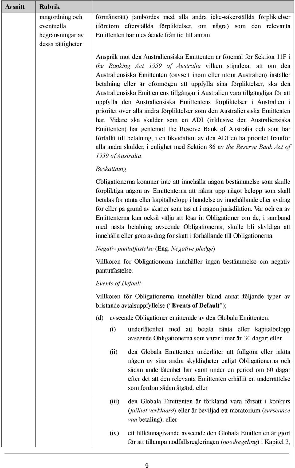 Anspråk mot den Australiensiska Emittenten är föremål för Sektion 11F i the Banking Act 1959 of Australia vilken stipulerar att om den Australiensiska Emittenten (oavsett inom eller utom Australien)