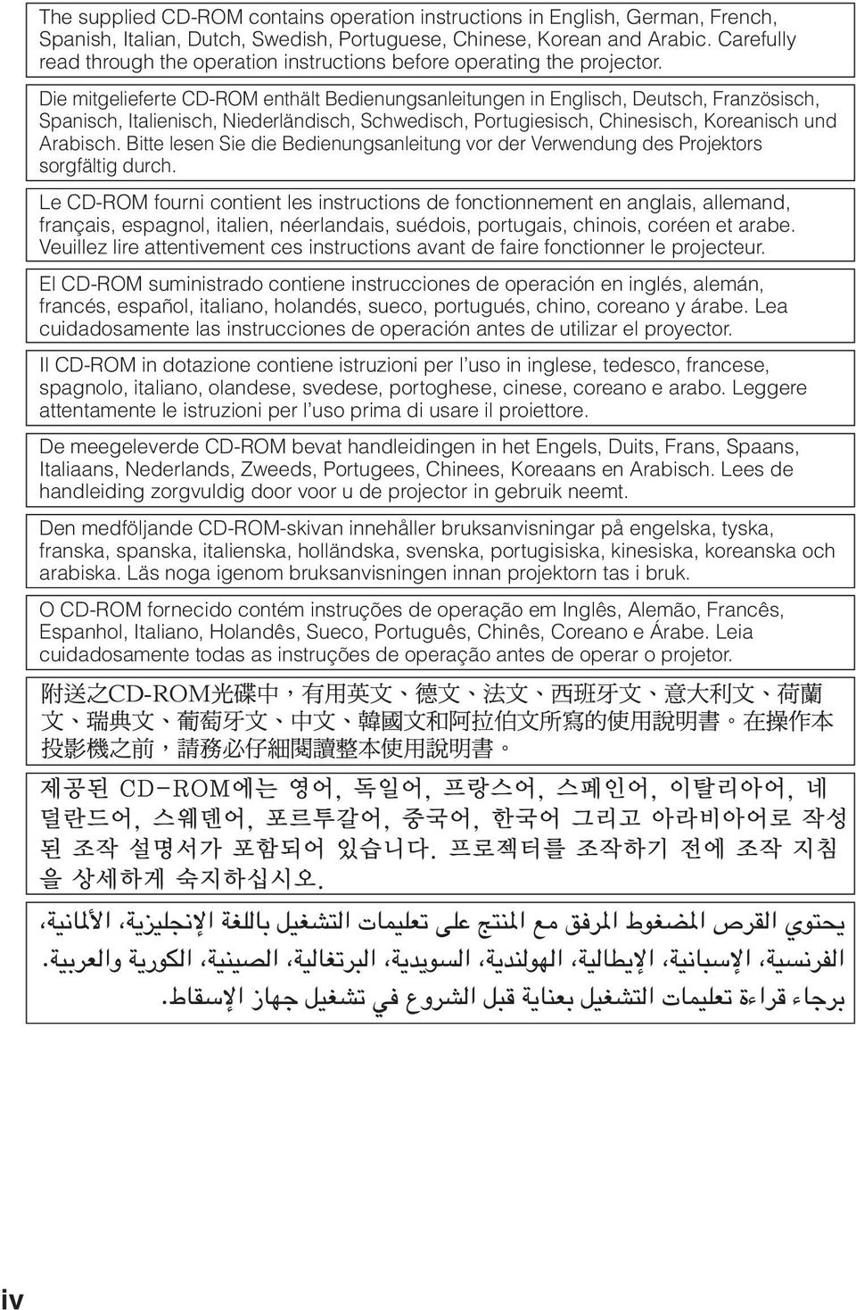Die mitgelieferte D-O enthält edienungsanleitungen in nglisch, Deutsch, Französisch, panisch, talienisch, Niederländisch, chwedisch, ortugiesisch, hinesisch, Koreanisch und rabisch.