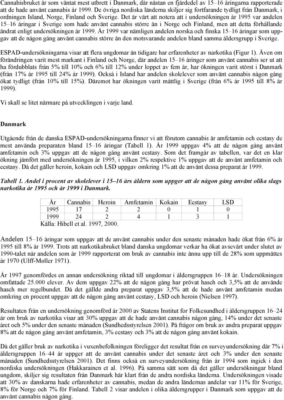 Det är värt att notera att i undersökningen år 1995 var andelen 15 16 åringar i Sverige som hade använt cannabis större än i Norge och Finland, men att detta förhållande ändrat enligt undersökningen