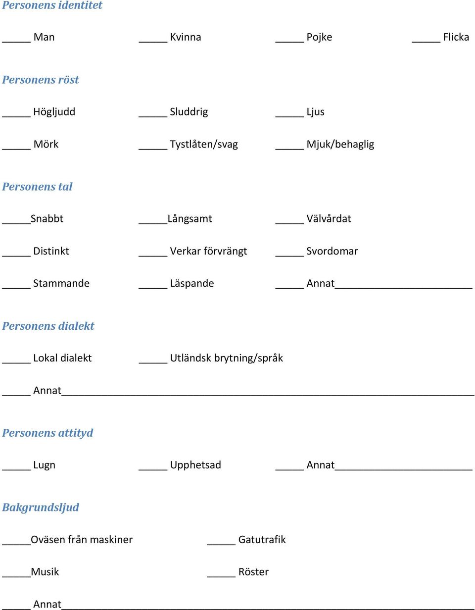 Svordomar Stammande Läspande Annat Personens dialekt Lokal dialekt Utländsk brytning/språk